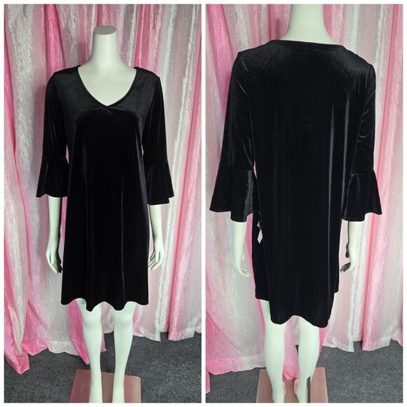 bebe Black Velvet Midi Flutter Sleeves Tunic Dress Size Medium - Picture 1 of 13